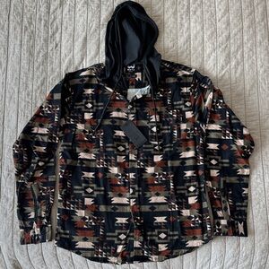 Brand new- MENS- Aztec Print Hooded Button-Up Shirt Jacket - Black, Rust, Cream